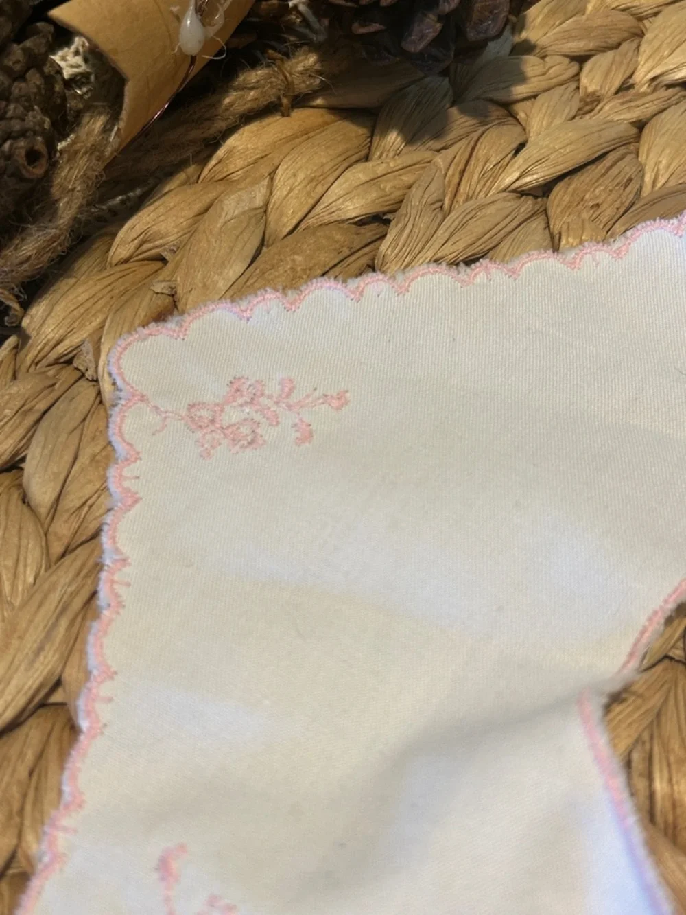 Vintage Handmade White Baby Bib with Pink Embroidery